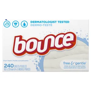 Bounce Free & Gentle Dryer Sheets, 240 Sheets, Unscented Fabric Softener Sheets, Hypoallergenic and Dermatologist Tested 240 Count (Pack of 1)