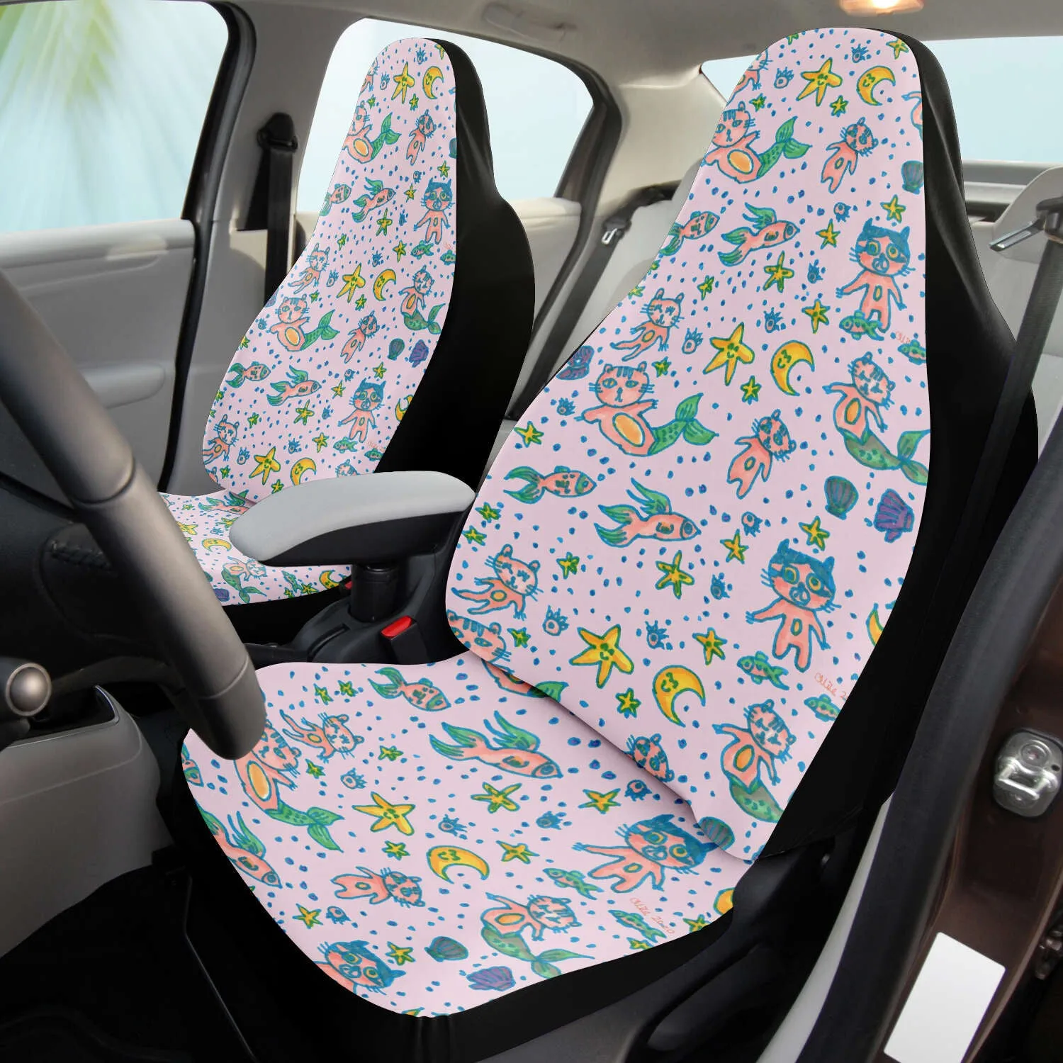 Cat Mermaid Car Seat Covers, (2 pc) Designer Luxury Cute Pink Car Seat Protectors For Front Seats