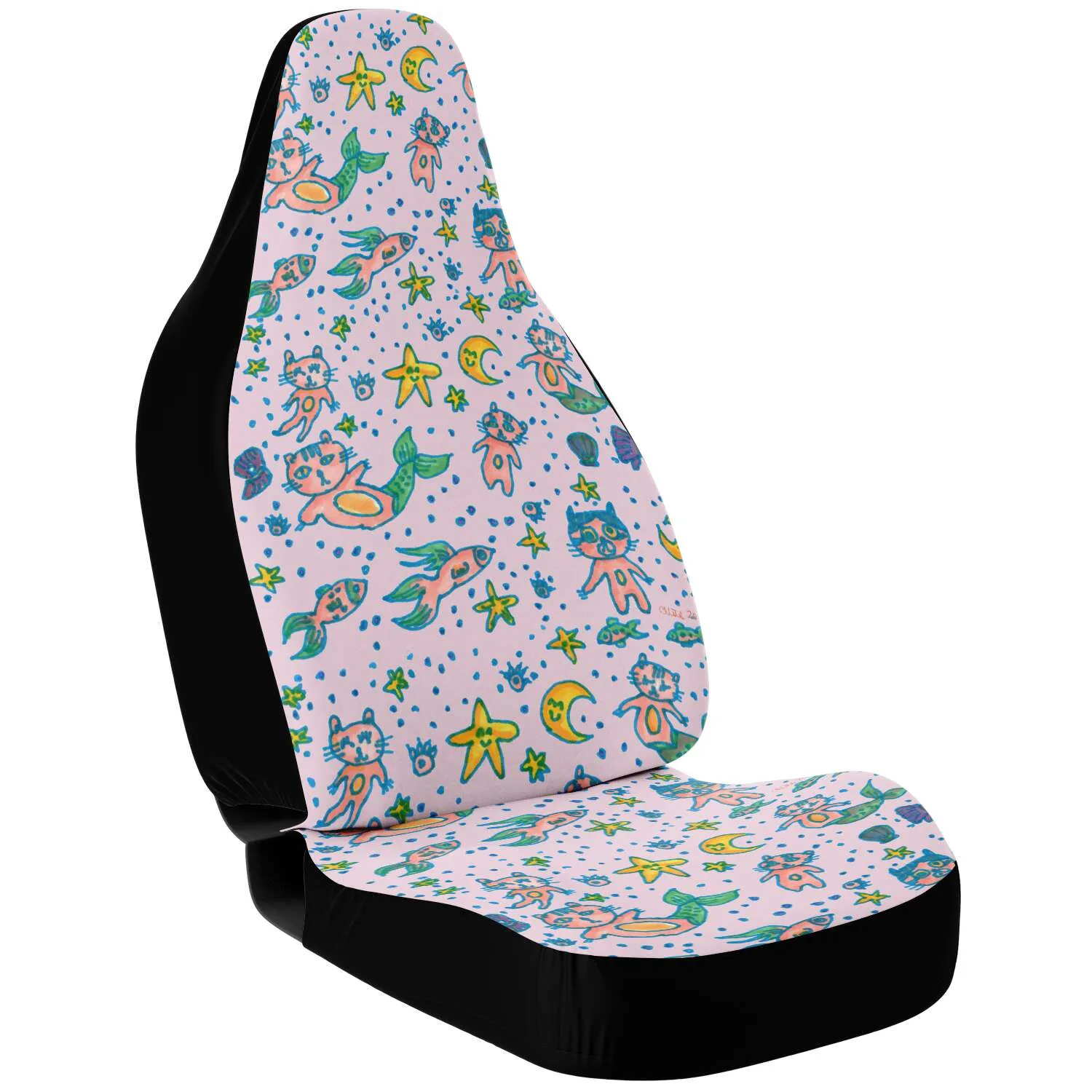 Cat Mermaid Car Seat Covers, (2 pc) Designer Luxury Cute Pink Car Seat Protectors For Front Seats