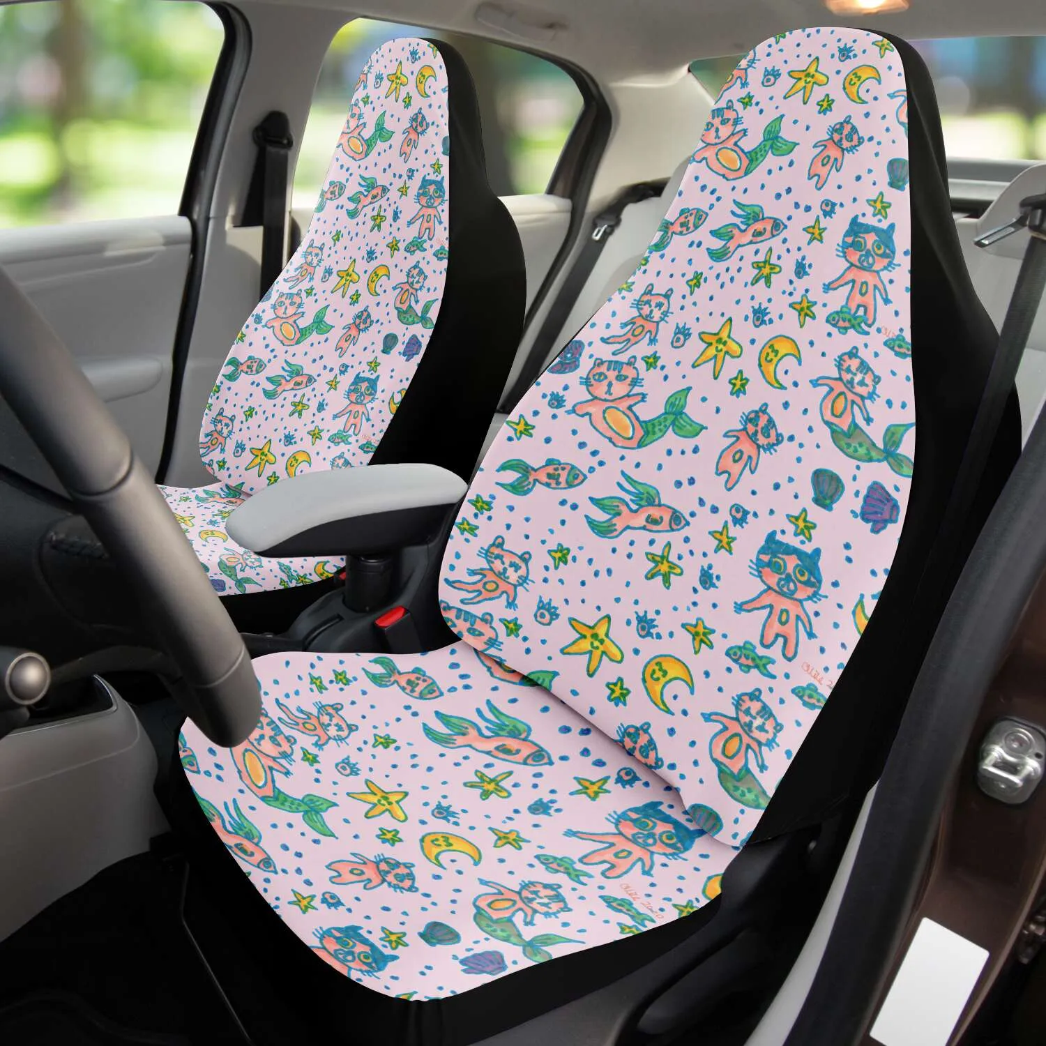 Cat Mermaid Car Seat Covers, (2 pc) Designer Luxury Cute Pink Car Seat Protectors For Front Seats