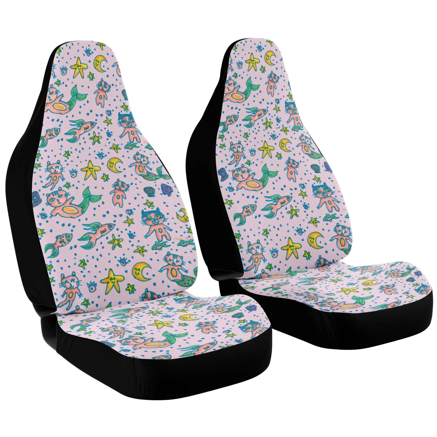 Cat Mermaid Car Seat Covers, (2 pc) Designer Luxury Cute Pink Car Seat Protectors For Front Seats