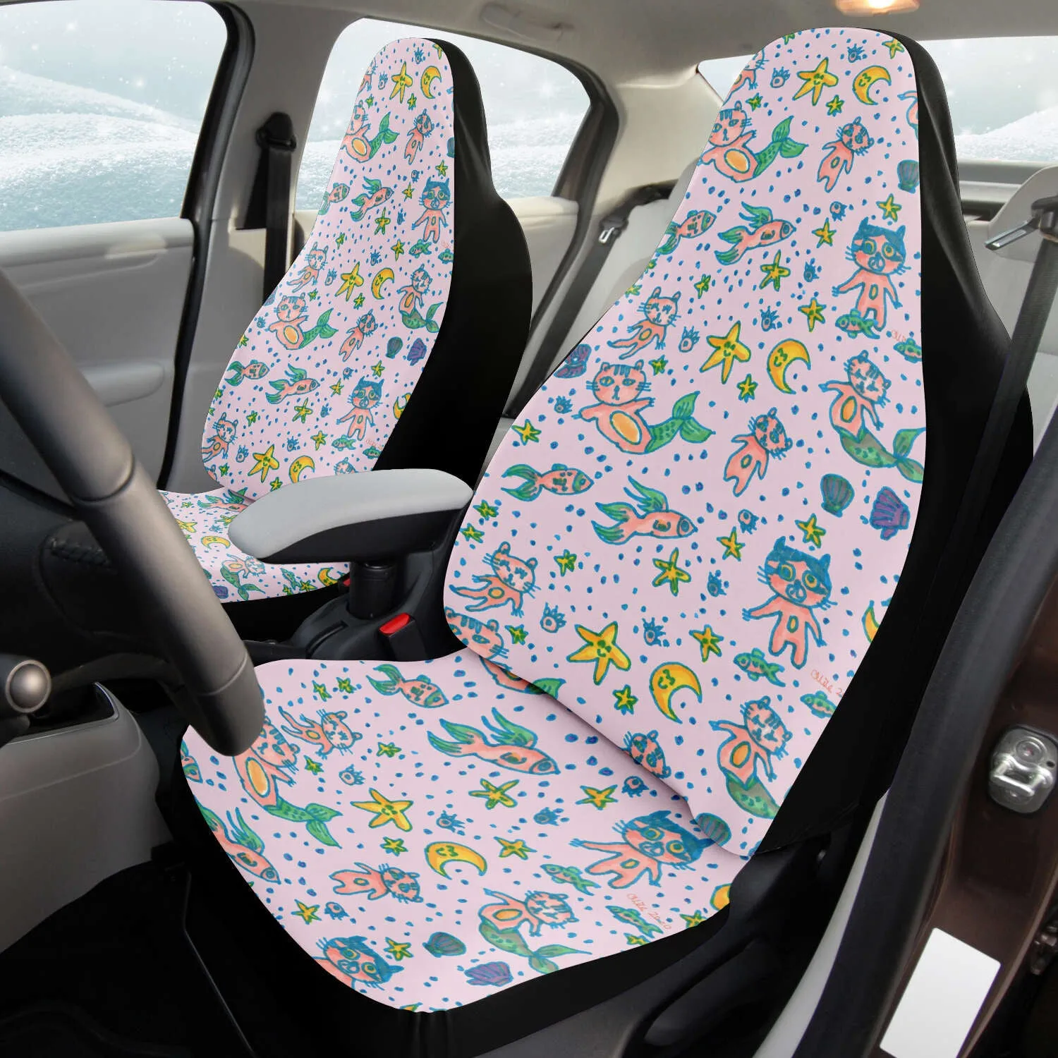 Cat Mermaid Car Seat Covers, (2 pc) Designer Luxury Cute Pink Car Seat Protectors For Front Seats