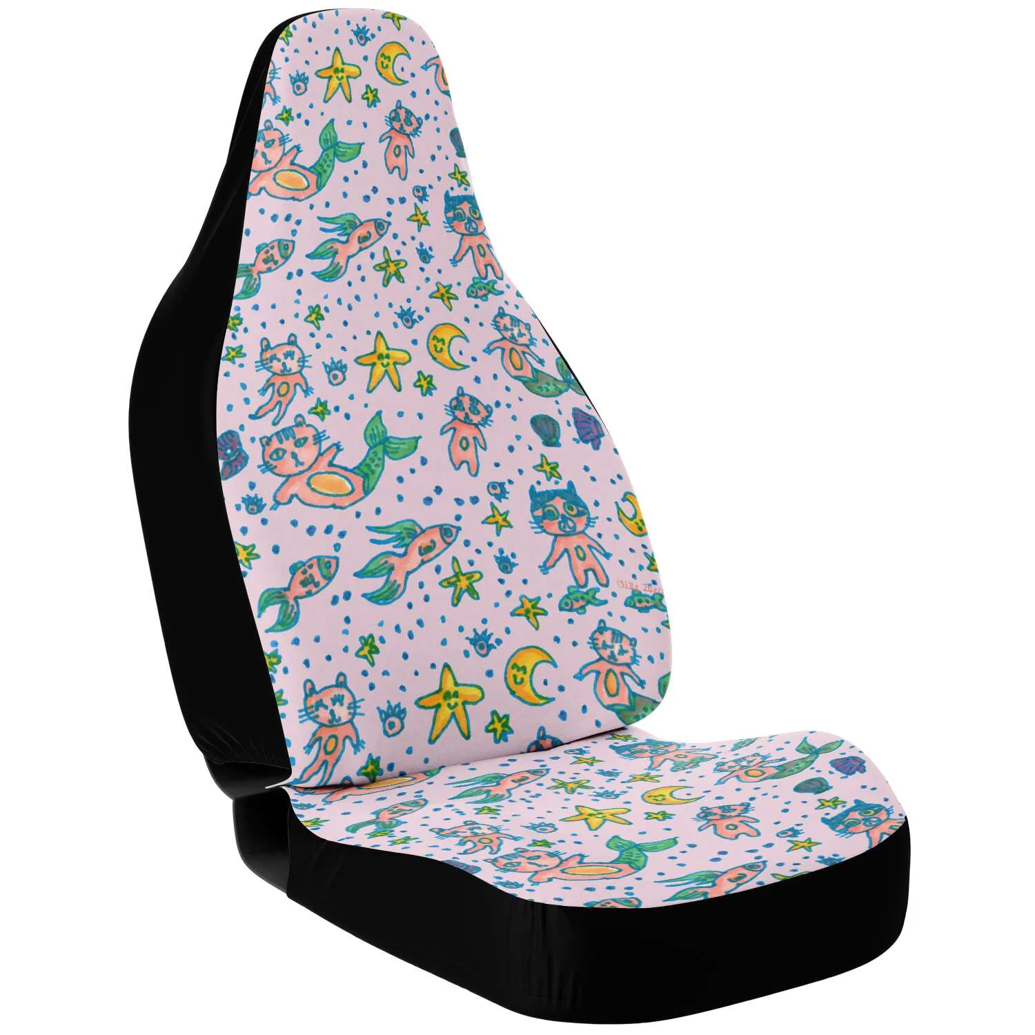 Cat Mermaid Car Seat Covers, (2 pc) Designer Luxury Cute Pink Car Seat Protectors For Front Seats
