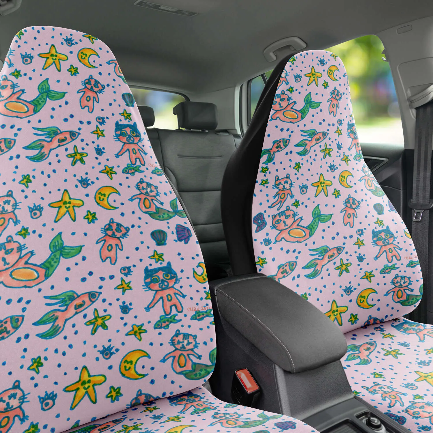 Cat Mermaid Car Seat Covers, (2 pc) Designer Luxury Cute Pink Car Seat Protectors For Front Seats