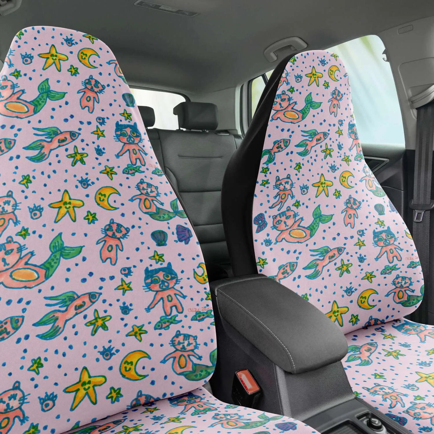 Cat Mermaid Car Seat Covers, (2 pc) Designer Luxury Cute Pink Car Seat Protectors For Front Seats
