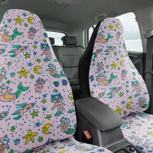 Cat Mermaid Car Seat Covers, (2 pc) Designer Luxury Cute Pink Car Seat Protectors For Front Seats