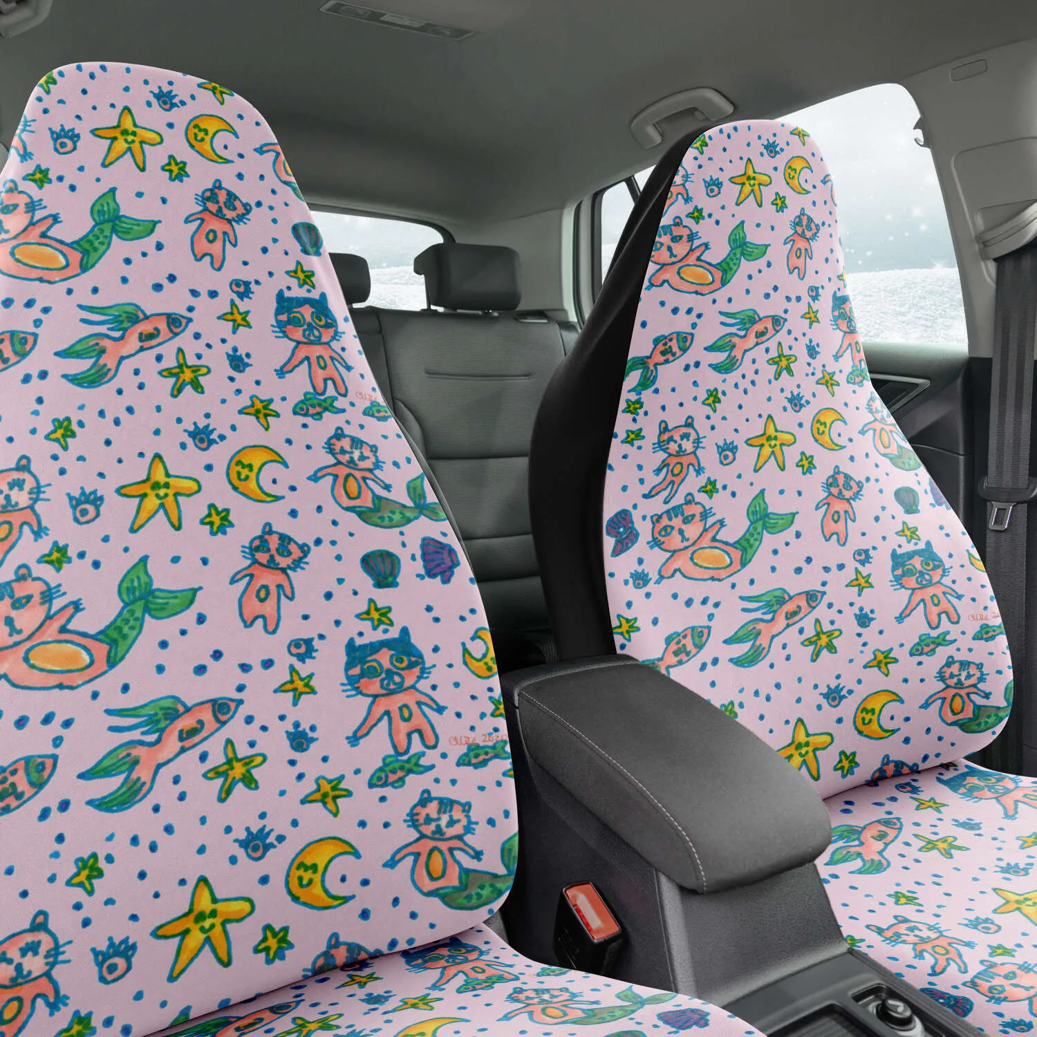 Cat Mermaid Car Seat Covers, (2 pc) Designer Luxury Cute Pink Car Seat Protectors For Front Seats