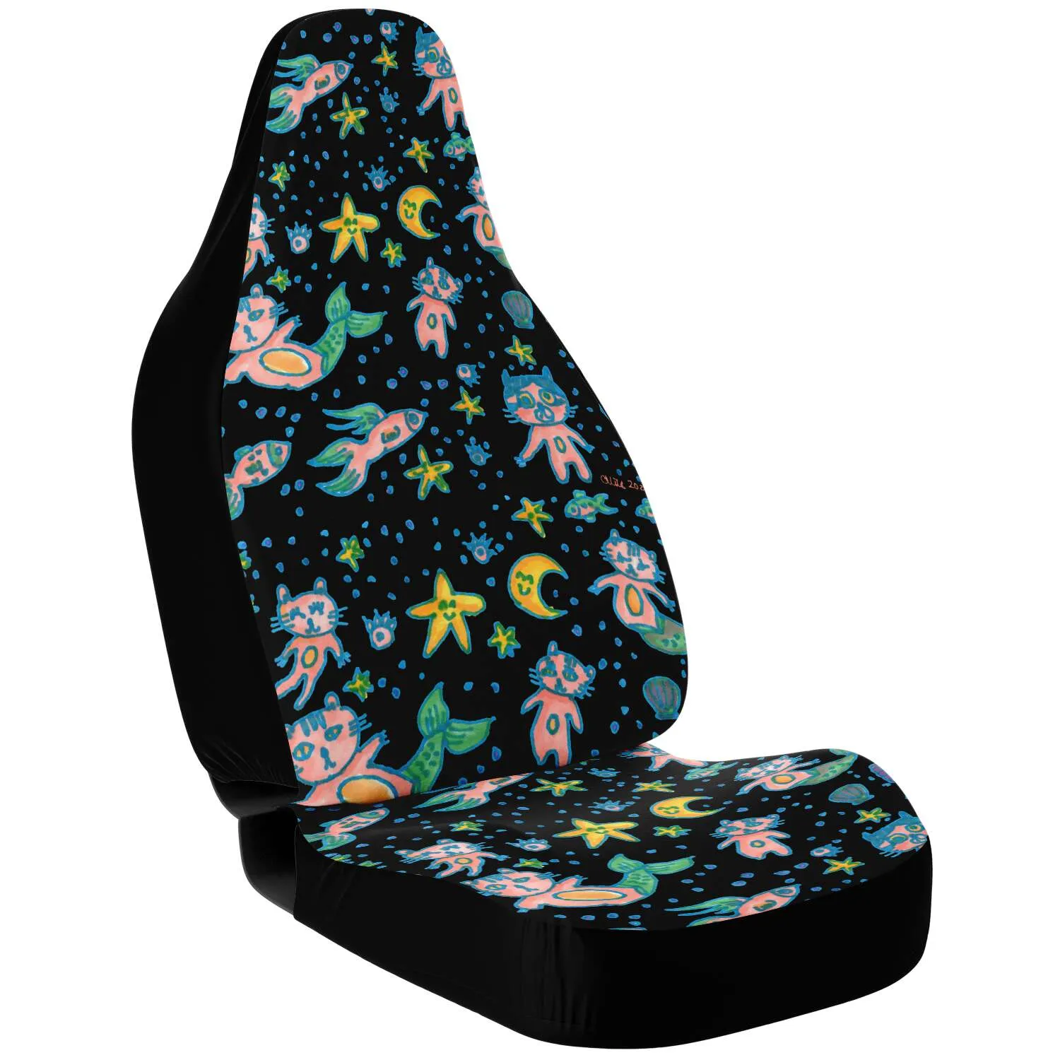 Cat Mermaid Car Seat Covers, Designer Artistic Black Cat Print Car Seat Protectors (2 Pack)