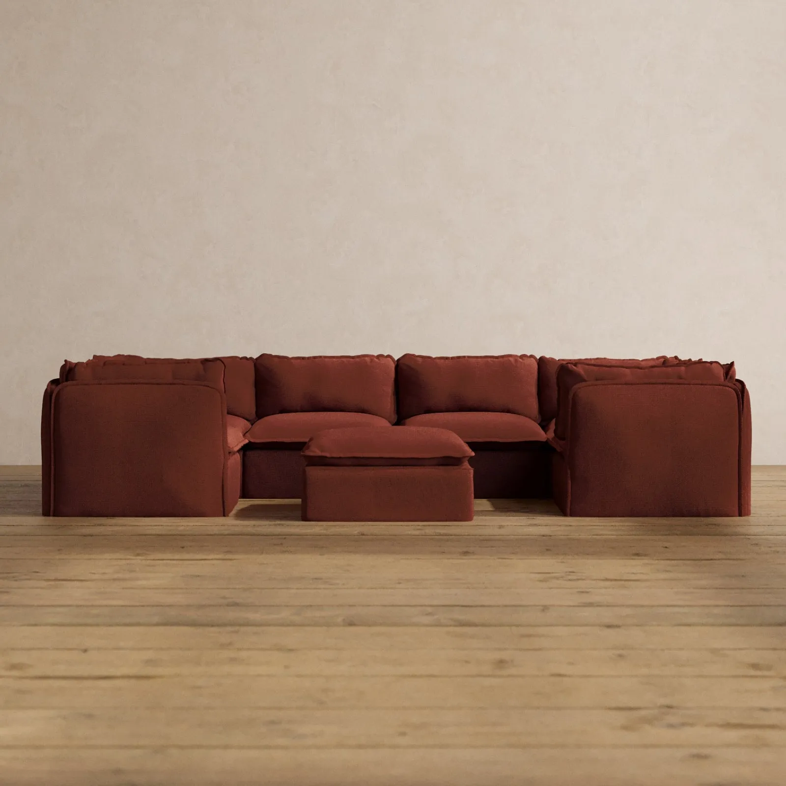 Modular Washable 6-Seater U-Sectional   Ottoman in Rust | Deluxe  Seat | Cloud Pillow