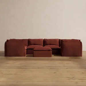 Modular Washable 6-Seater U-Sectional   Ottoman in Rust | Deluxe  Seat | Cloud Pillow