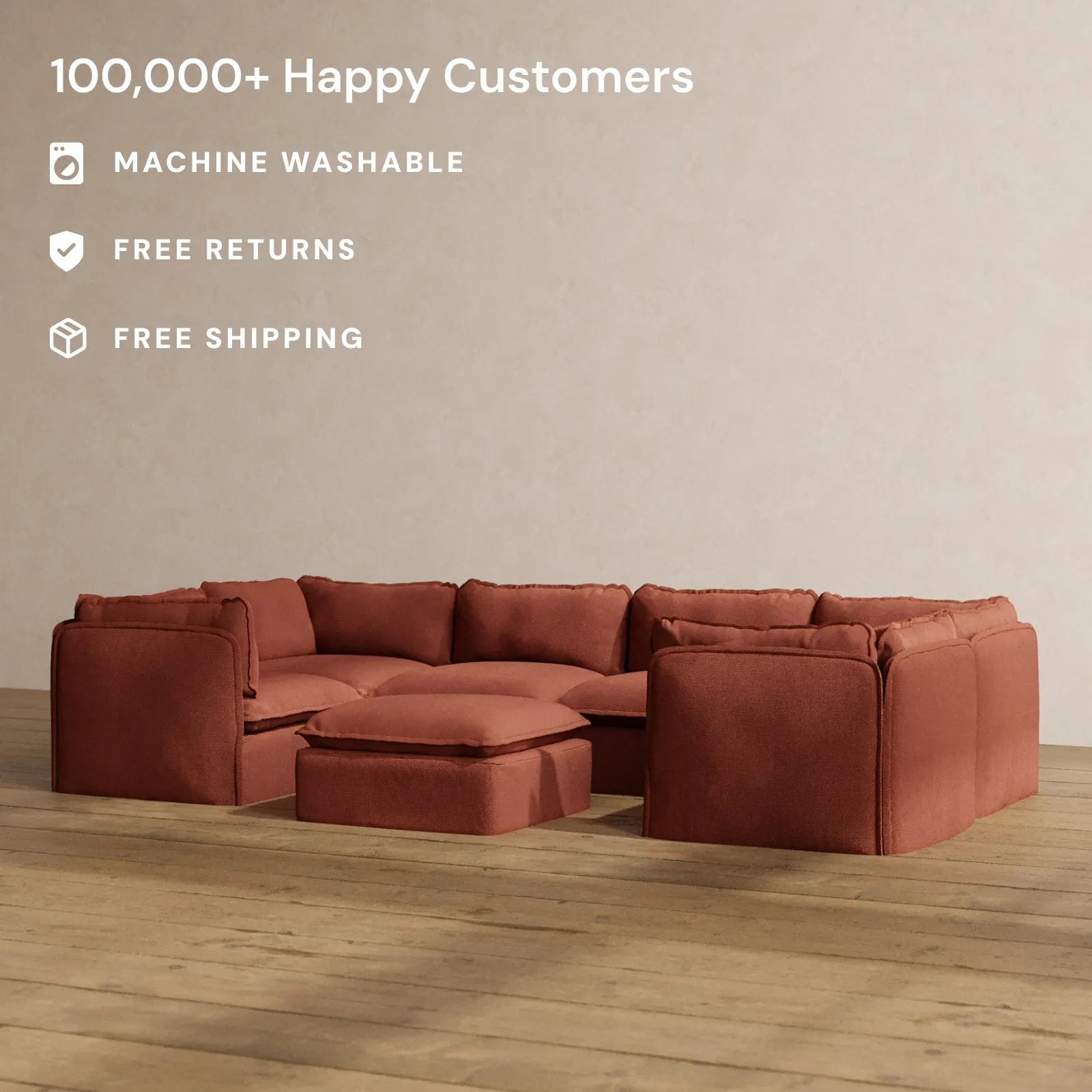 Modular Washable 6-Seater U-Sectional   Ottoman in Rust | Deluxe  Seat | Cloud Pillow