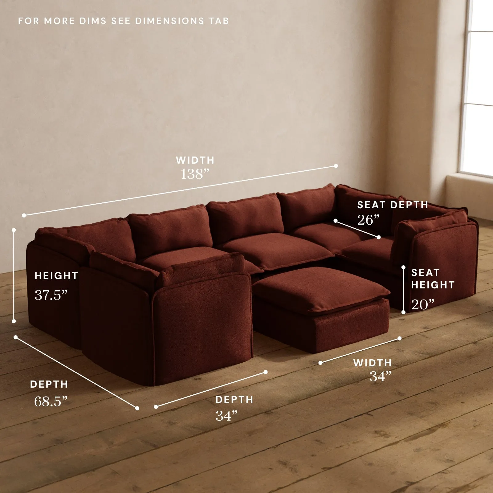 Modular Washable 6-Seater U-Sectional   Ottoman in Rust | Deluxe  Seat | Cloud Pillow